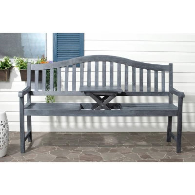 Cannes Wood 4-Seater Patio Bench With Pop-Up Table - Gray - Safavieh